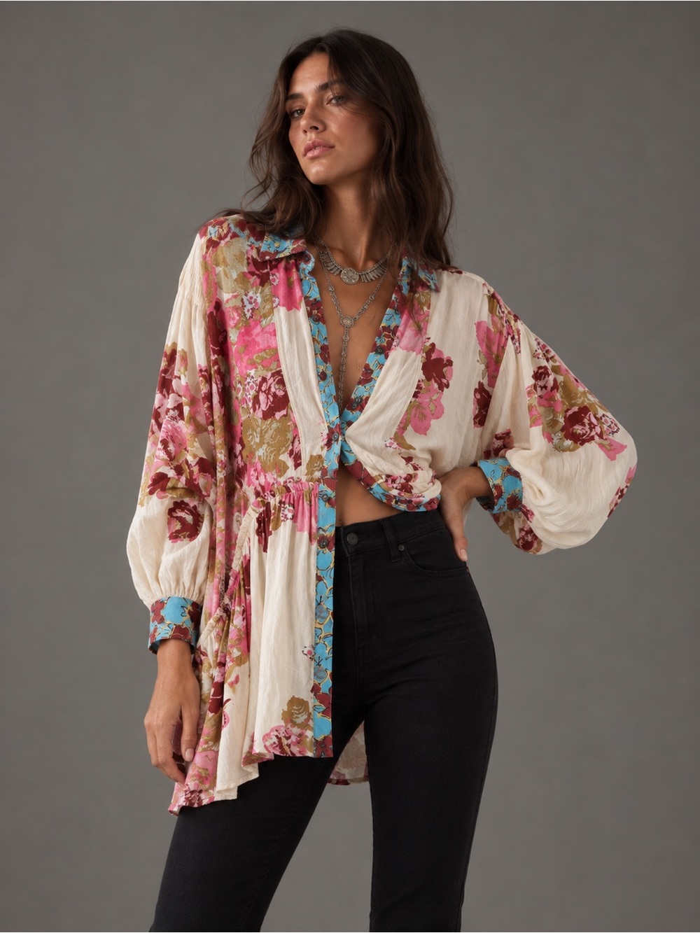 Free People Floral Button Front Peplum Tunic Top Pink Blue Cream Size S